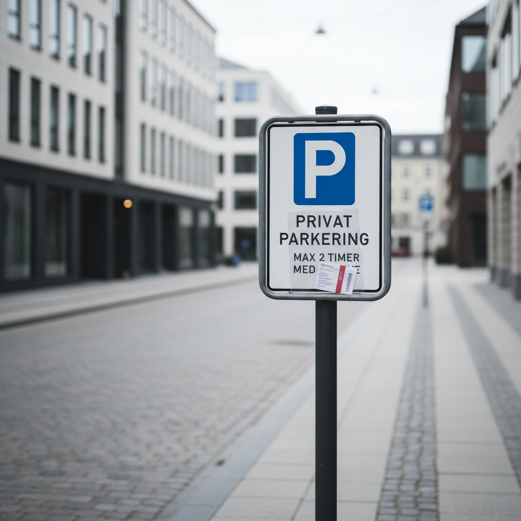 Parkeringsskilt og parkeret bil på parkeringsplads