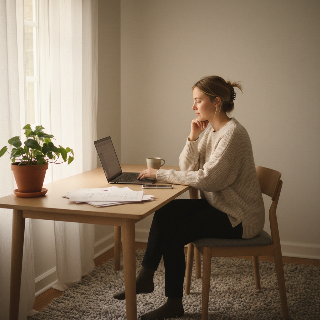 Erhvervsdrivende ved laptop med juridiske dokumenter